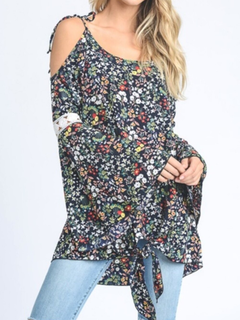 Hopely Boho Tie-Front Tunic Navy Ditsy Floral Cold Shoulder Bell Sleeve Lace L